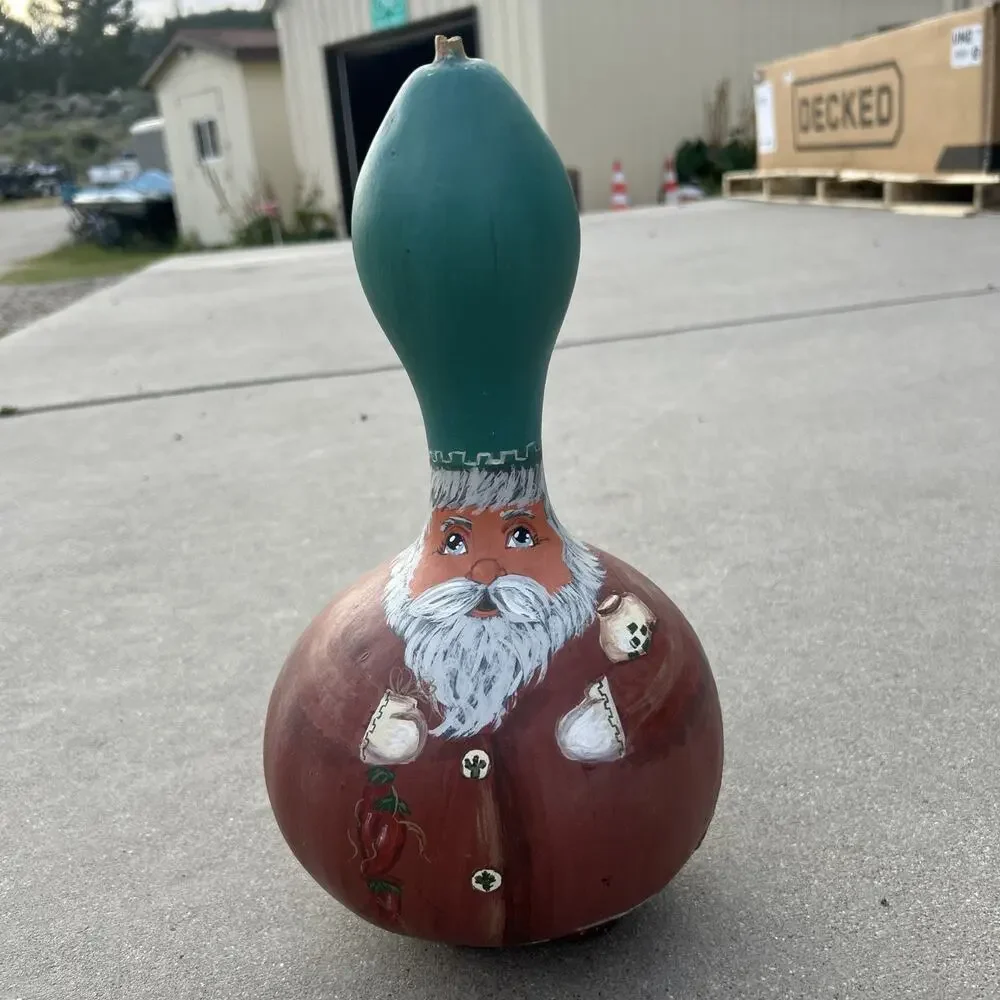 Christmas Santa Gourd Southwest Chili Cactus Hand Painted VTG Folk Art 12”